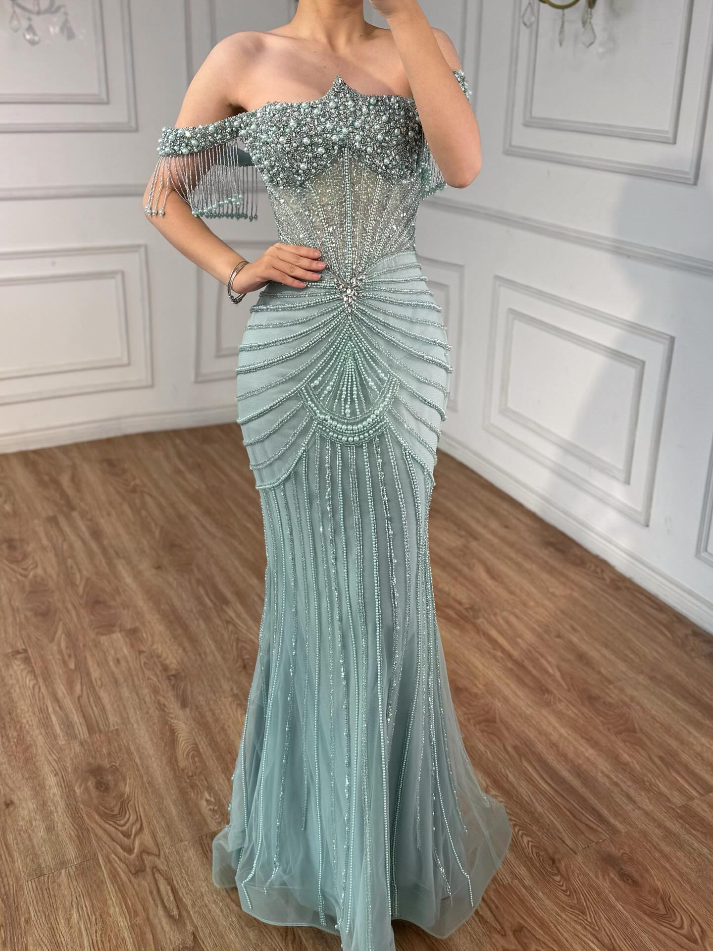 Luxury Sage Green Pearls Beaded Mermaid Evening Dress Off Shoulder LA73148 SERENE HILL