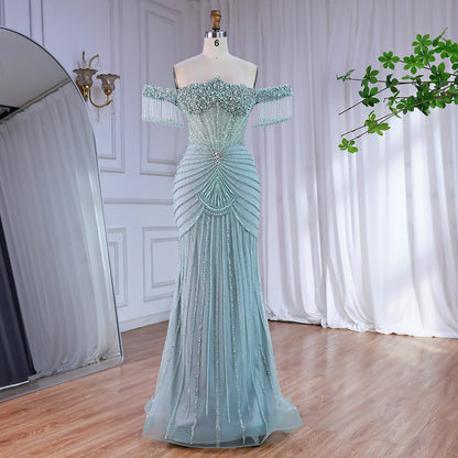 Luxury Sage Green Pearls Beaded Mermaid Evening Dress Off Shoulder LA73148 SERENE HILL