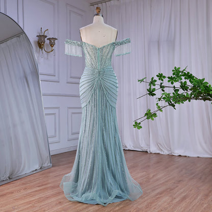 Luxury Sage Green Pearls Beaded Mermaid Evening Dress Off Shoulder LA73148 SERENE HILL