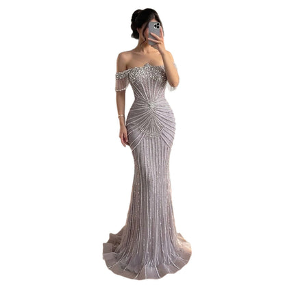 Luxury Sage Green Pearls Beaded Mermaid Evening Dress Off Shoulder LA73148