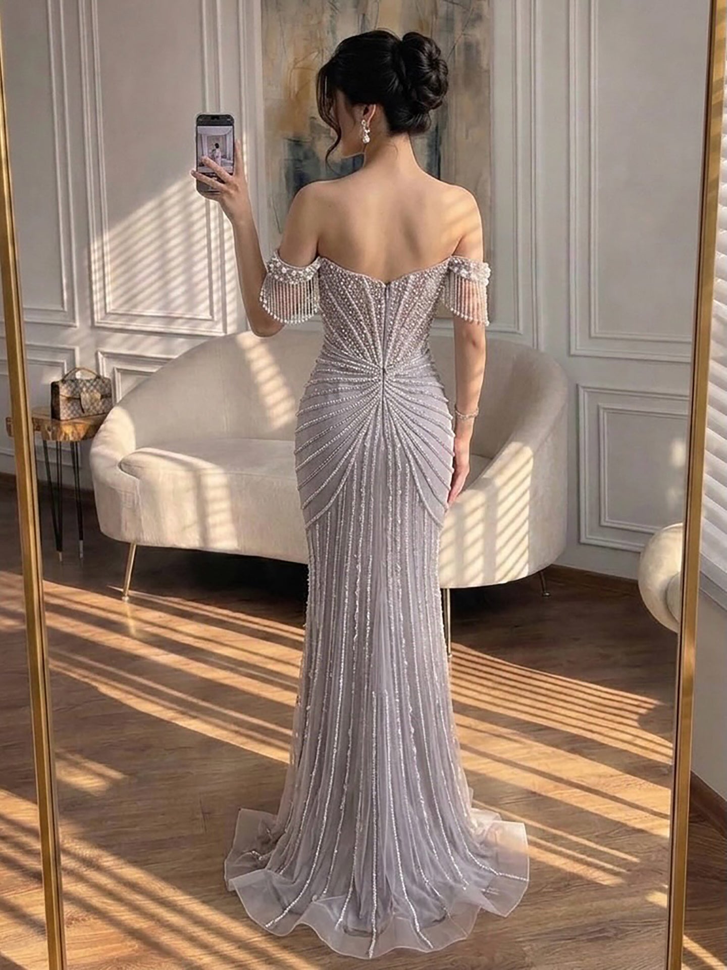 Luxury Sage Green Pearls Beaded Mermaid Evening Dress Off Shoulder LA73148