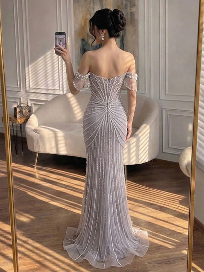 Luxury Sage Green Pearls Beaded Mermaid Evening Dress Off Shoulder LA73148