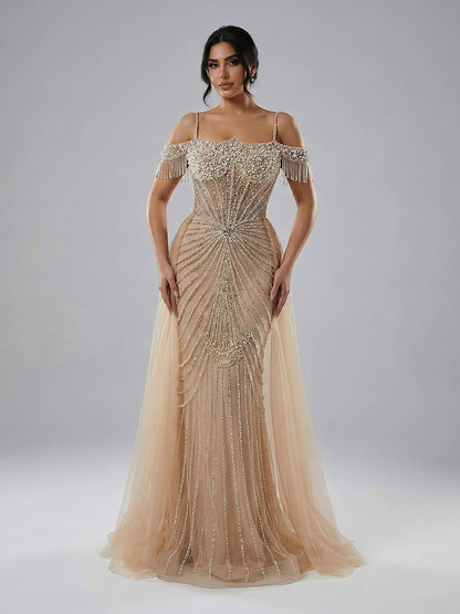 Luxury Nude Pearls Beaded Mermaid Evening Dress Off Shoulder With Skirt LA73148B - SERENE  HILL