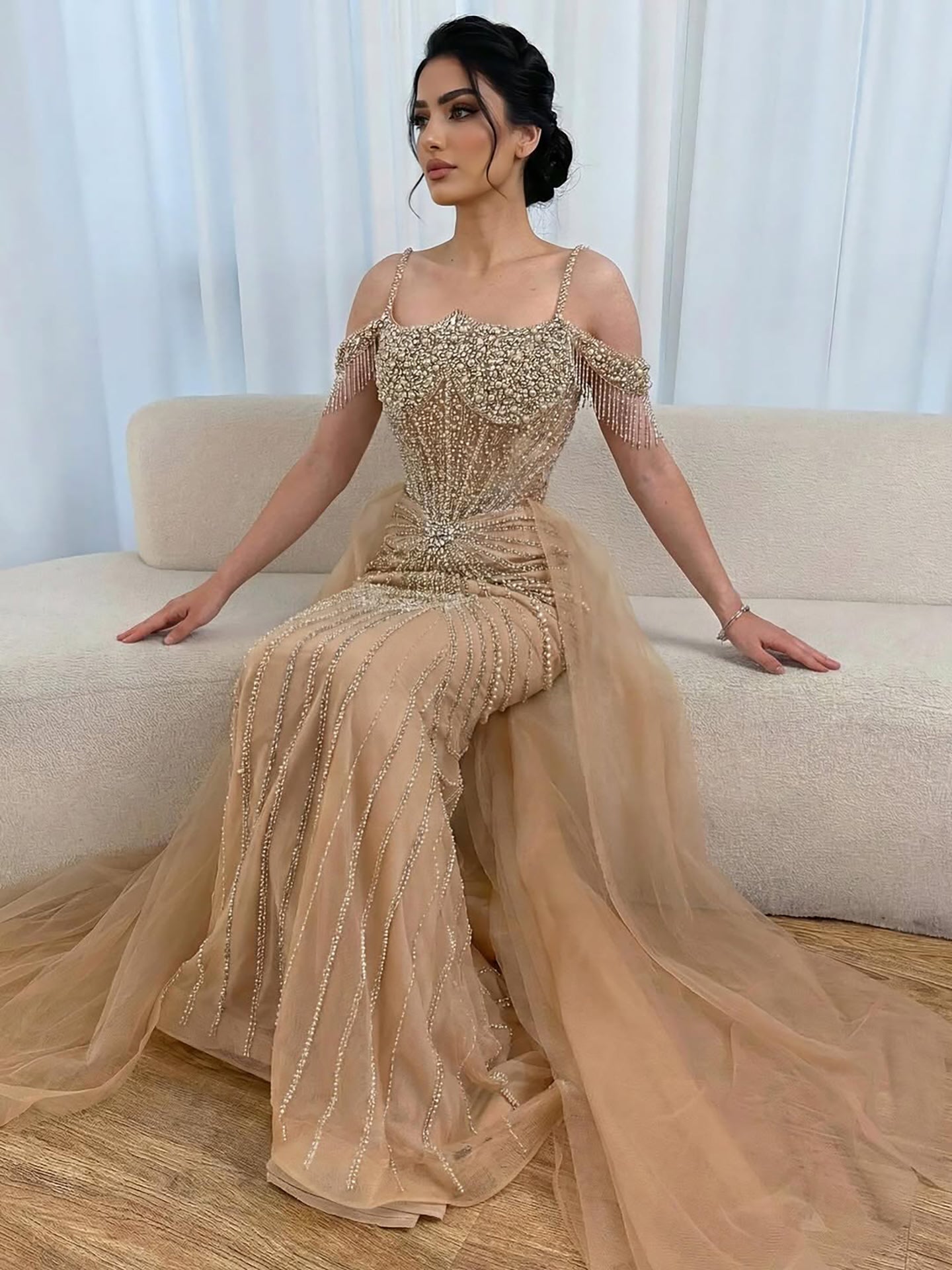 Luxury Nude Pearls Beaded Mermaid Evening Dress Off Shoulder With Skirt LA73148B - SERENE  HILL