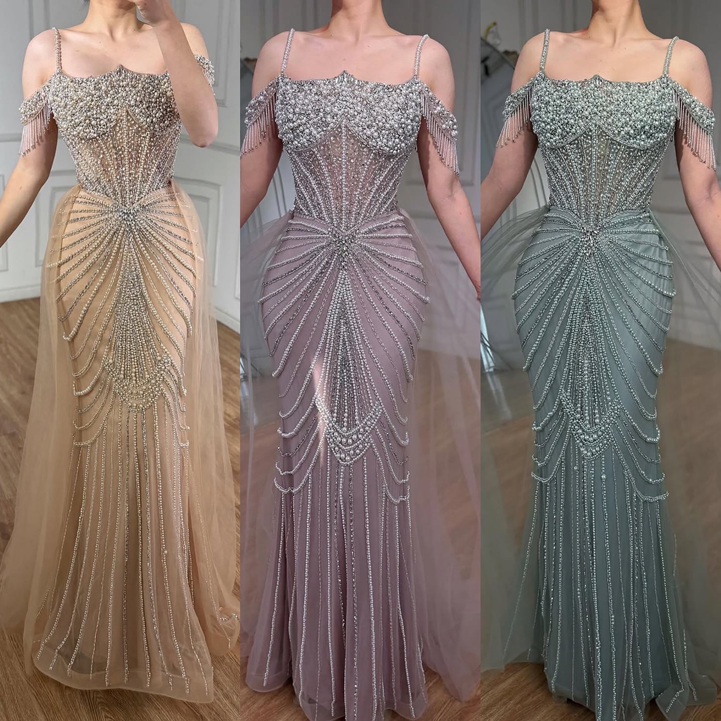 Luxury Nude Pearls Beaded Mermaid Evening Dress Off Shoulder With Skirt LA73148B - SERENE  HILL