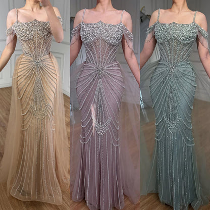 Luxury Nude Pearls Beaded Mermaid Evening Dress Off Shoulder With Skirt LA73148B - SERENE  HILL