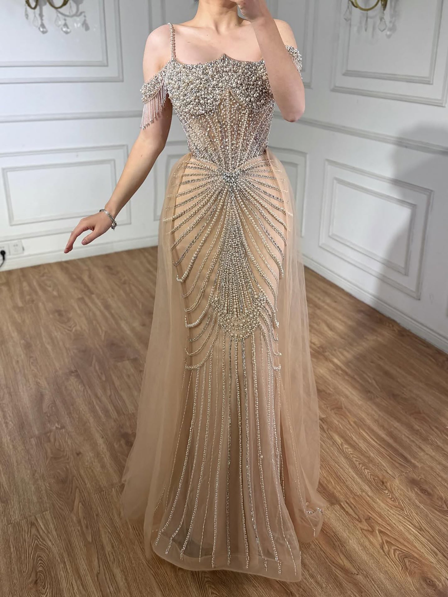 Luxury Nude Pearls Beaded Mermaid Evening Dress Off Shoulder With Skirt LA73148B - SERENE  HILL