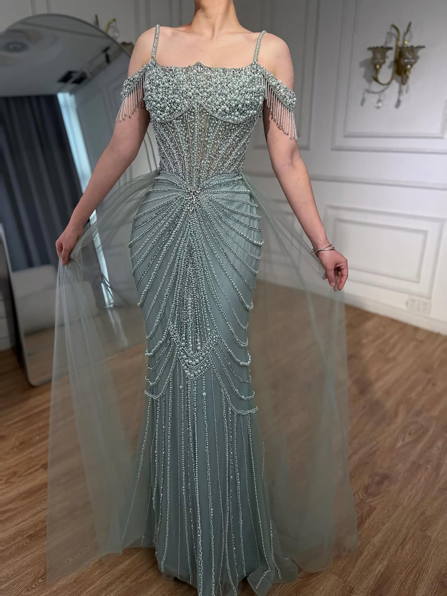 Luxury Nude Pearls Beaded Mermaid Evening Dress Off Shoulder With Skirt LA73148B - SERENE  HILL