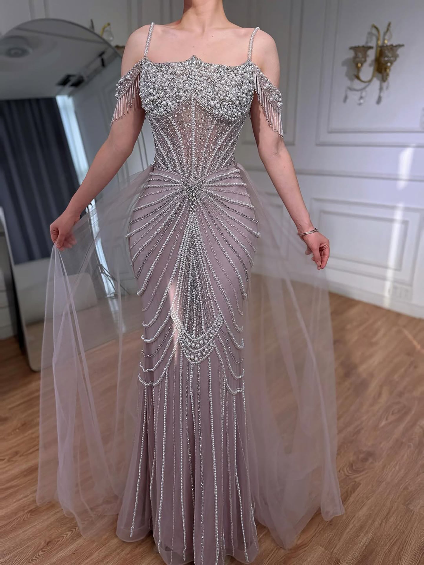 Luxury Nude Pearls Beaded Mermaid Evening Dress Off Shoulder With Skirt LA73148B - SERENE  HILL