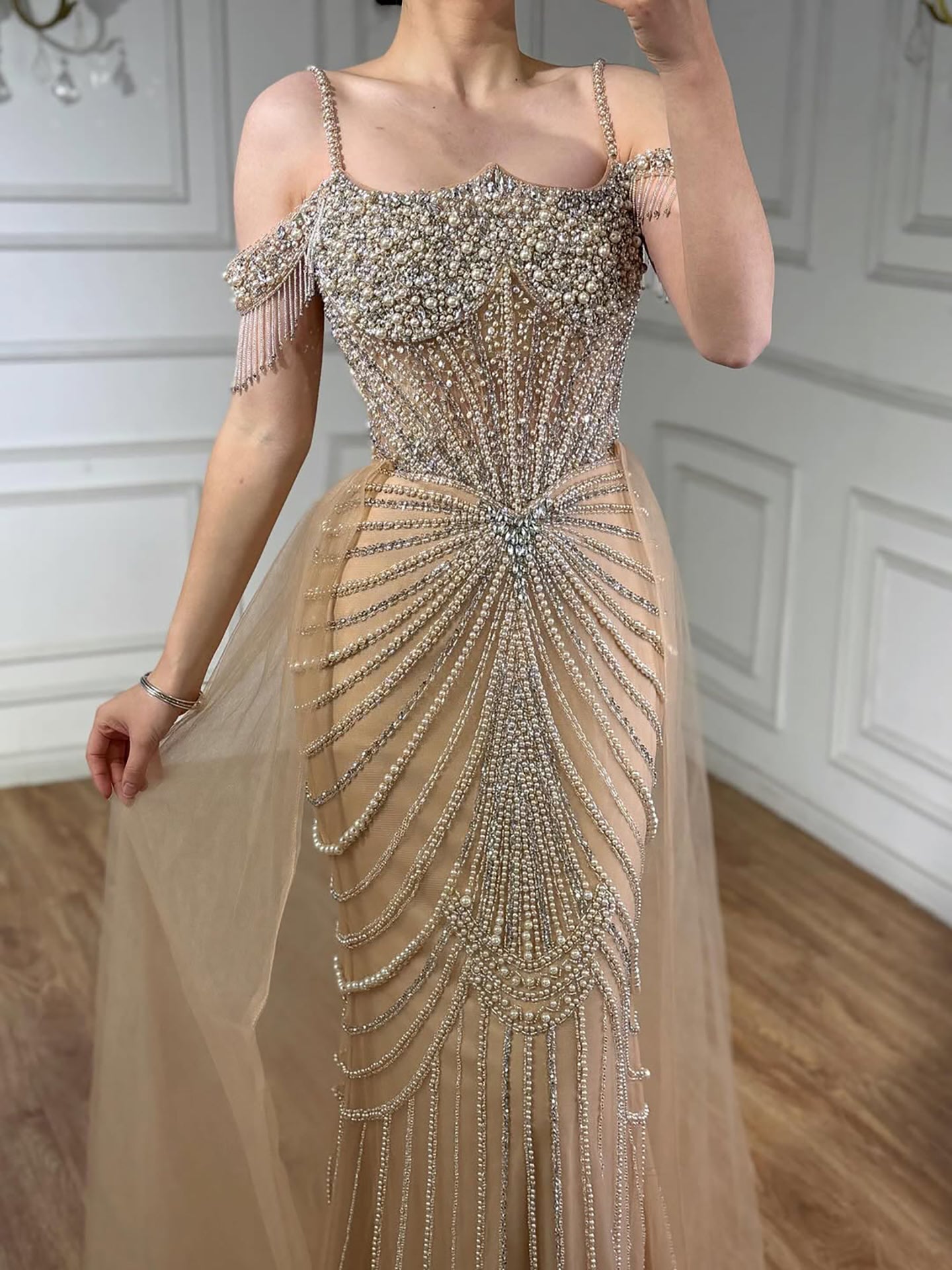 Luxury Nude Pearls Beaded Mermaid Evening Dress Off Shoulder With Skirt LA73148B - SERENE  HILL