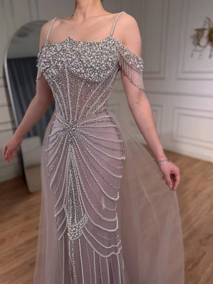 Luxury Nude Pearls Beaded Mermaid Evening Dress Off Shoulder With Skirt LA73148B - SERENE  HILL