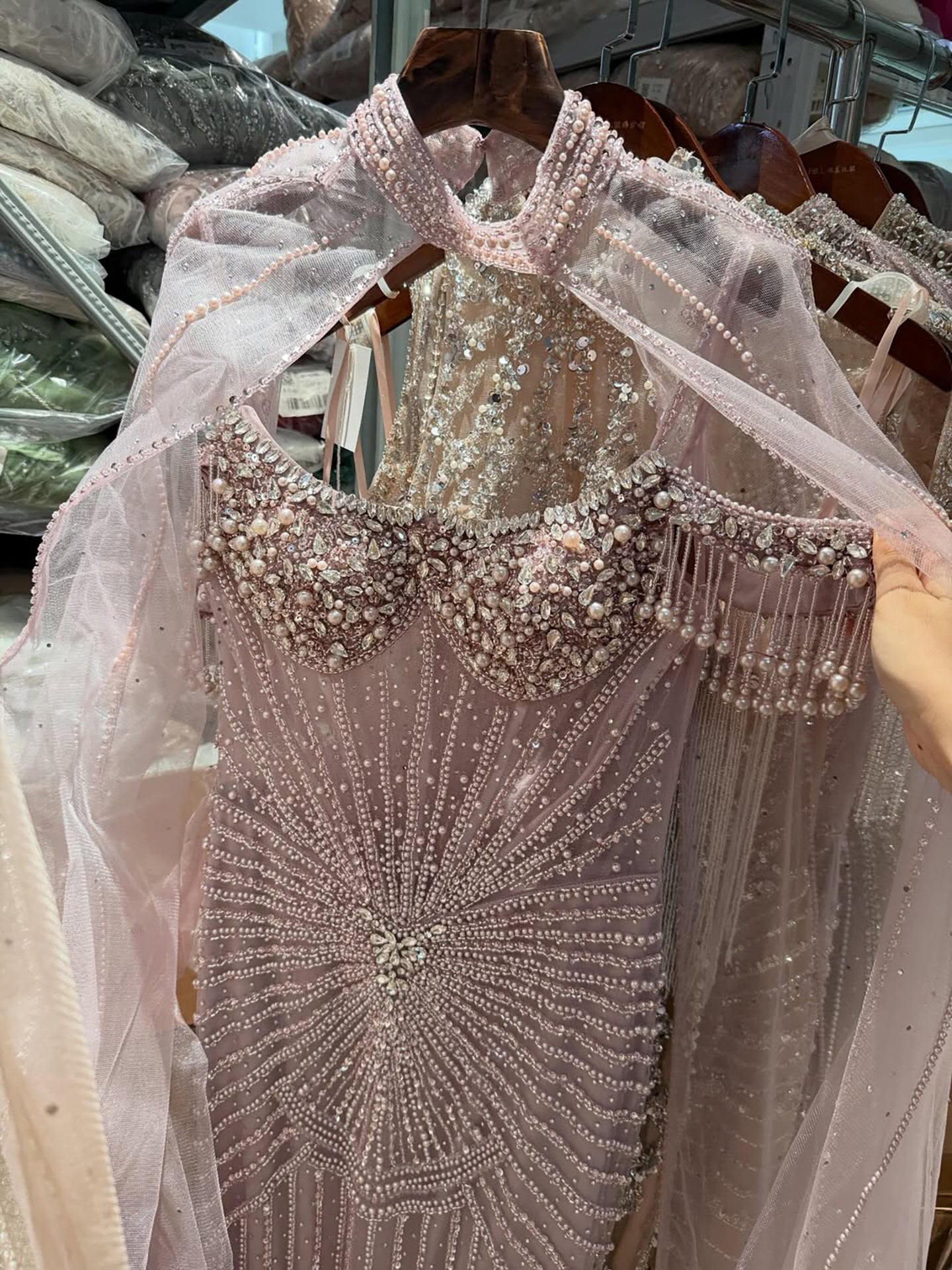 Luxury Nude Pearls Beaded Mermaid Evening Dress with Cape Sleeves LA73148C