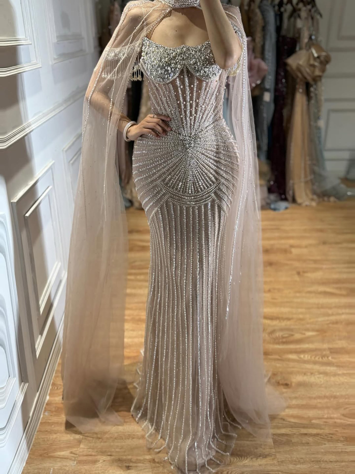 Luxury Nude Pearls Beaded Mermaid Evening Dress with Cape Sleeves LA73148C