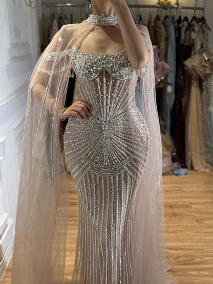 Luxury Nude Pearls Beaded Mermaid Evening Dress with Cape Sleeves LA73148C
