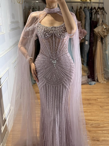 Luxury Nude Pearls Beaded Mermaid Evening Dress with Cape Sleeves LA73148C