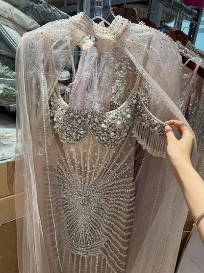 Luxury Nude Pearls Beaded Mermaid Evening Dress with Cape Sleeves LA73148C
