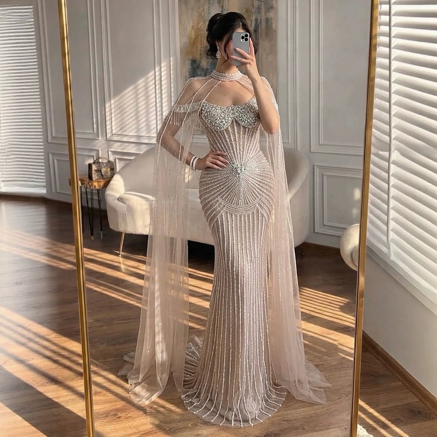Luxury Nude Pearls Beaded Mermaid Evening Dress with Cape Sleeves LA73148C