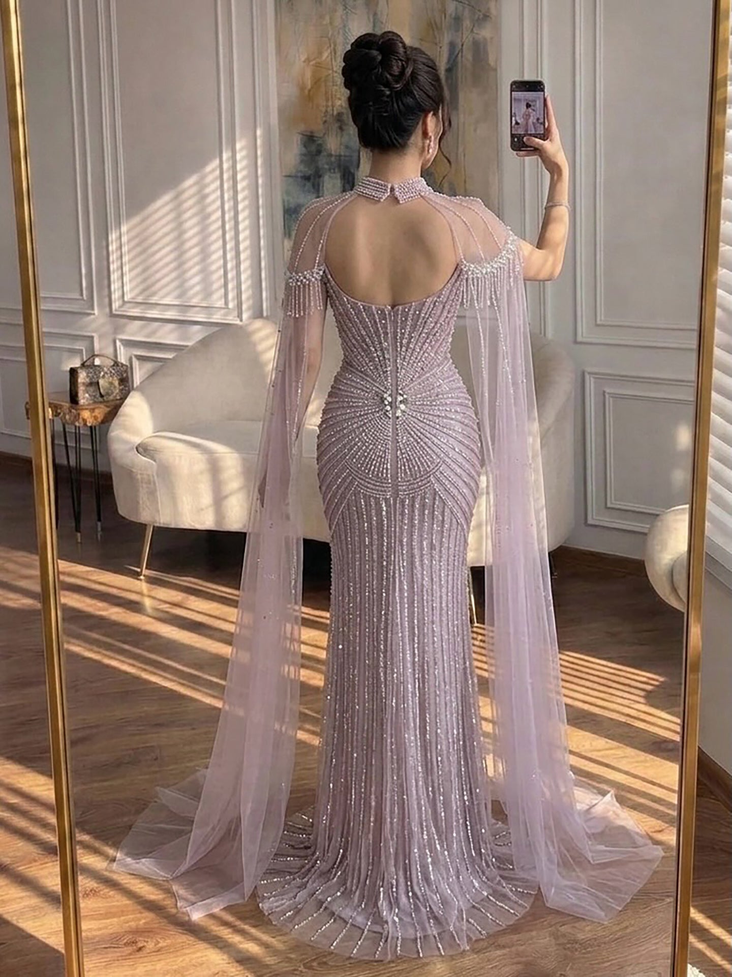 Luxury Nude Pearls Beaded Mermaid Evening Dress with Cape Sleeves LA73148C