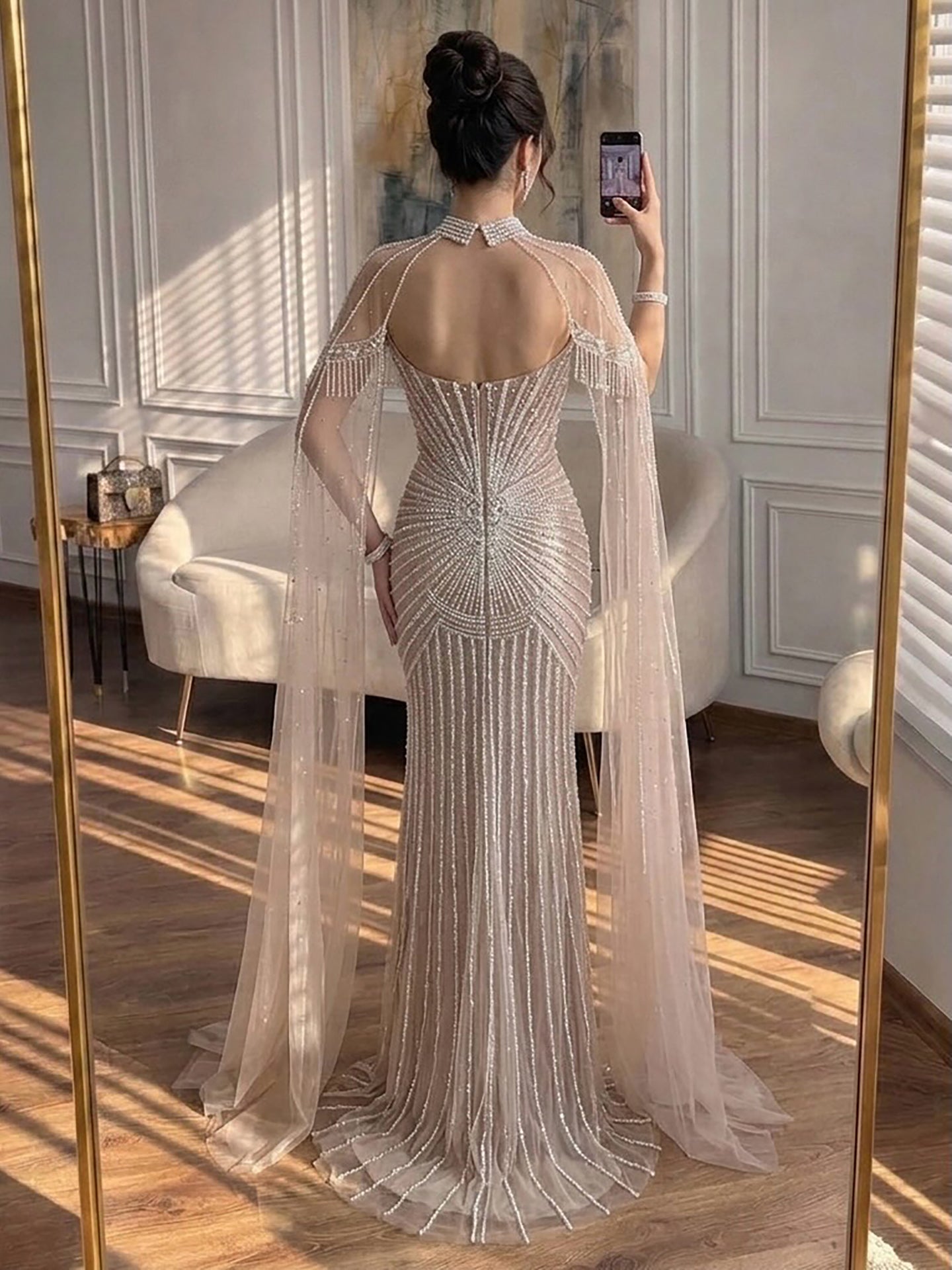 Luxury Nude Pearls Beaded Mermaid Evening Dress with Cape Sleeves LA73148C