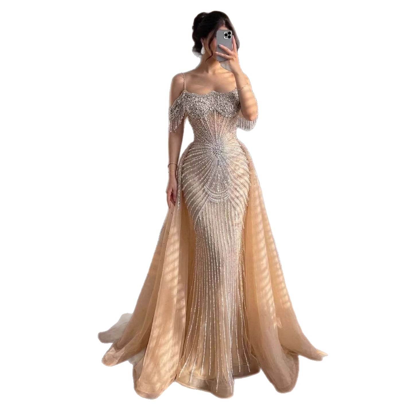 Luxury Nude Pearls Beaded Off Shoulder Mermaid Evening Dress LA73148D - SERENE  HILL