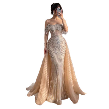 Luxury Nude Pearls Beaded Off Shoulder Mermaid Evening Dress LA73148D - SERENE  HILL