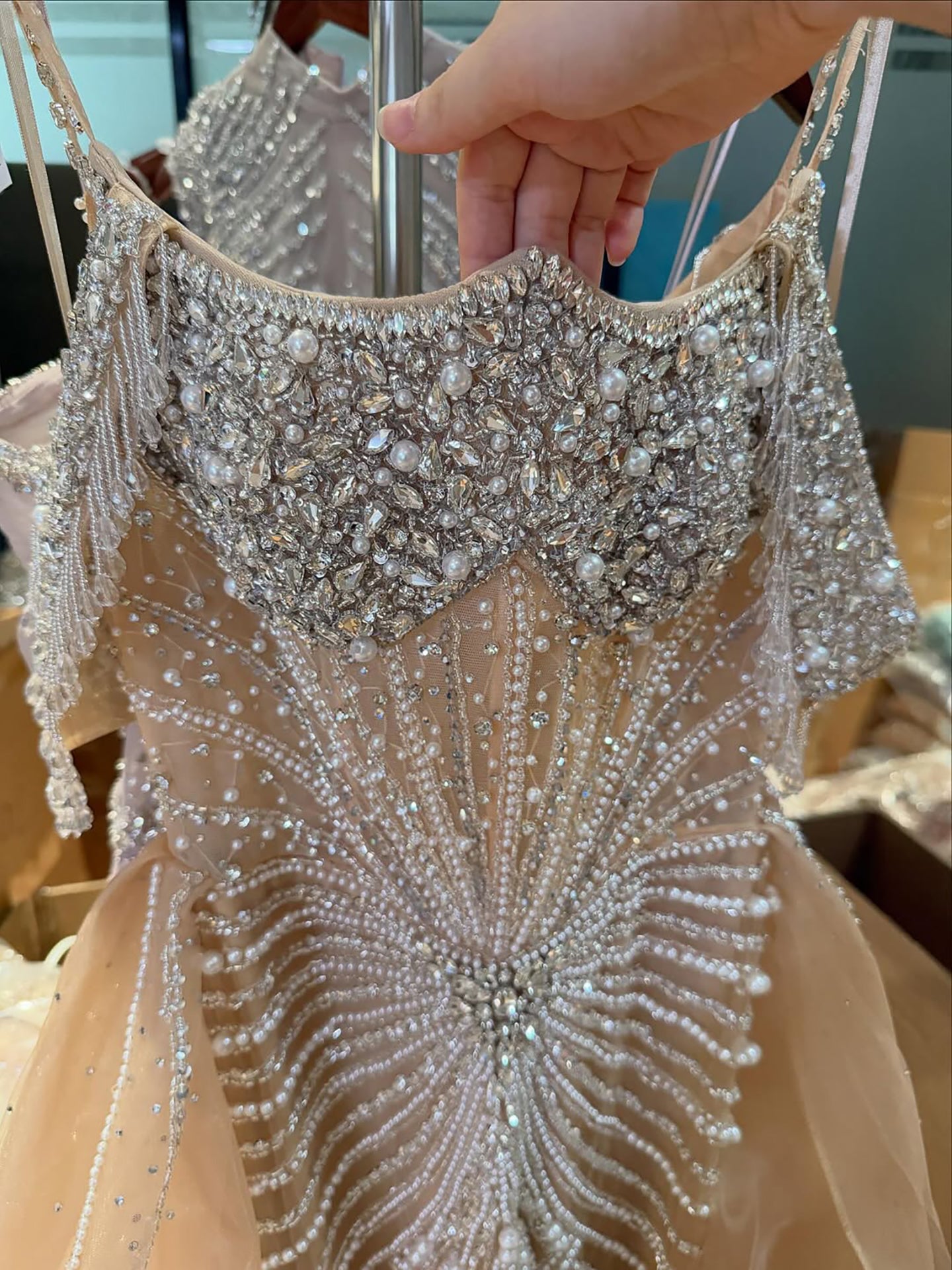 Luxury Nude Pearls Beaded Off Shoulder Mermaid Evening Dress LA73148D - SERENE  HILL