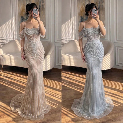 Luxury Nude Crystal Beaded Off Shoulder Mermaid Dress LA73148E SERENE HILL