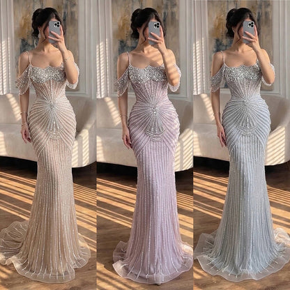 Luxury Nude Crystal Beaded Off Shoulder Mermaid Dress LA73148E SERENE HILL