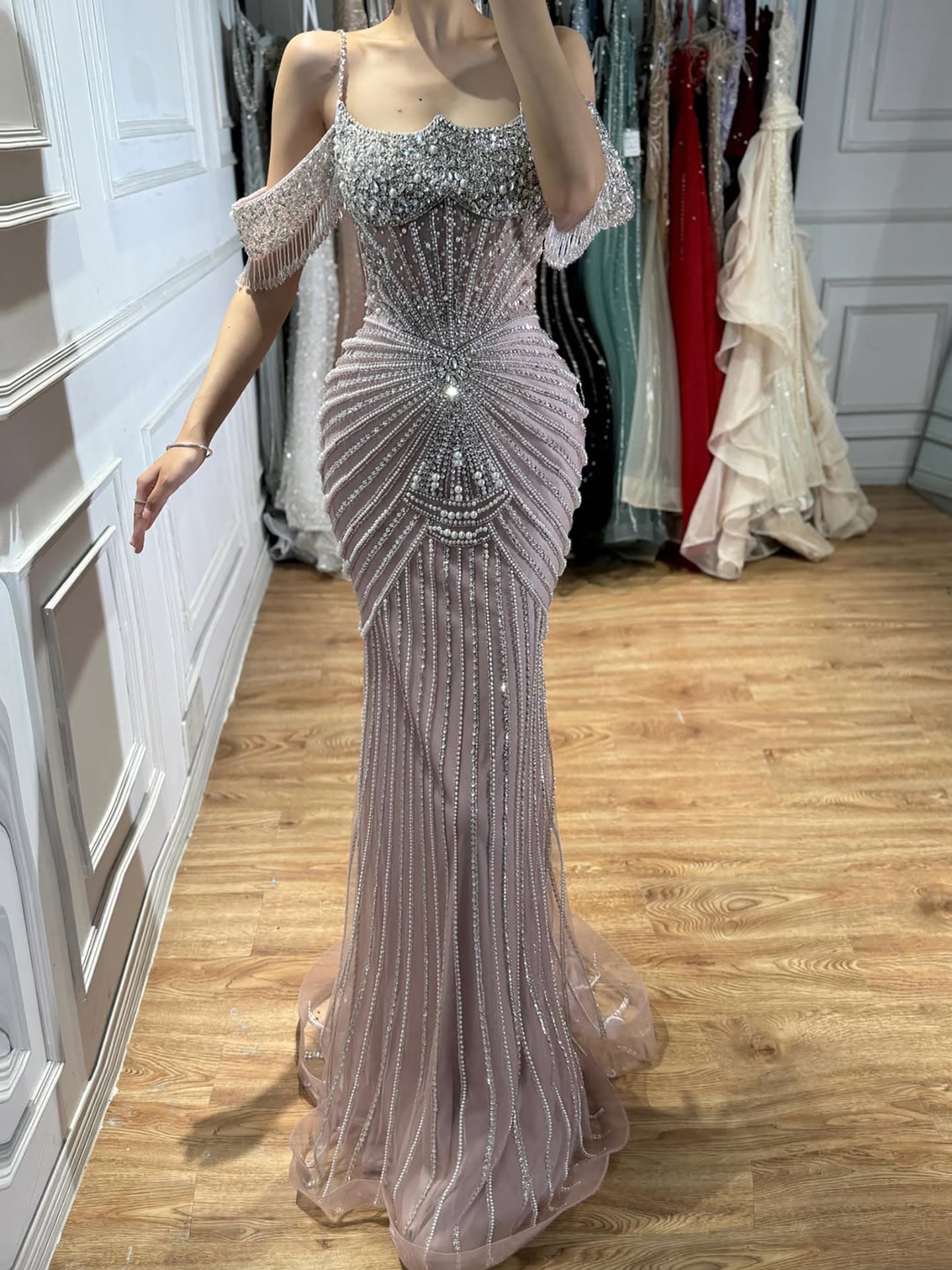 Luxury Nude Crystal Beaded Off Shoulder Mermaid Dress LA73148E SERENE HILL