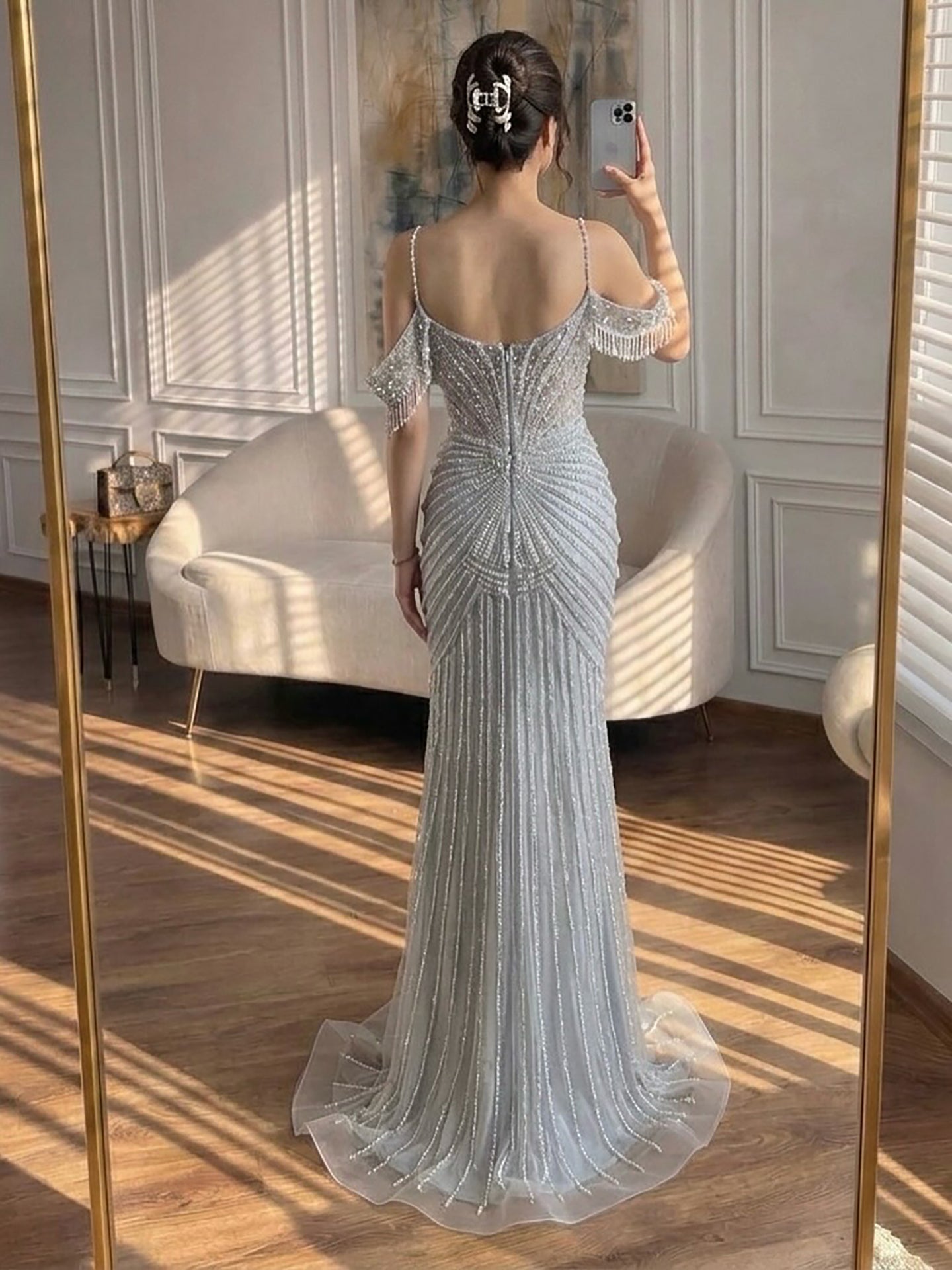 Luxury Nude Crystal Beaded Off Shoulder Mermaid Dress LA73148E SERENE HILL