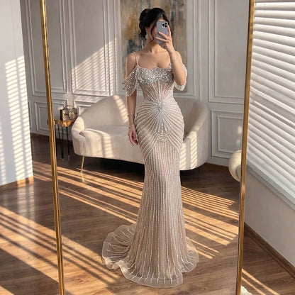 Luxury Nude Crystal Beaded Off Shoulder Mermaid Dress LA73148E SERENE HILL