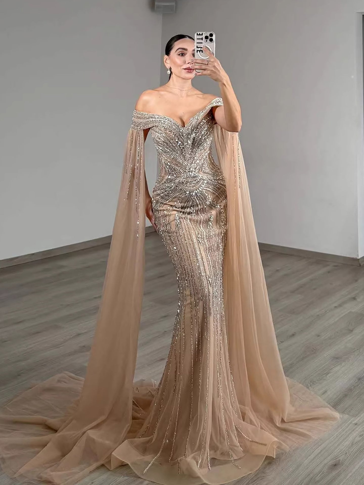 Luxury Blue Beaded Cape Sleeve Saudi Arabic Evening Dress LA73151 - SERENE  HILL
