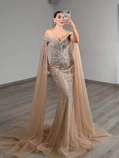 Luxury Blue Beaded Cape Sleeve Saudi Arabic Evening Dress LA73151 - SERENE  HILL