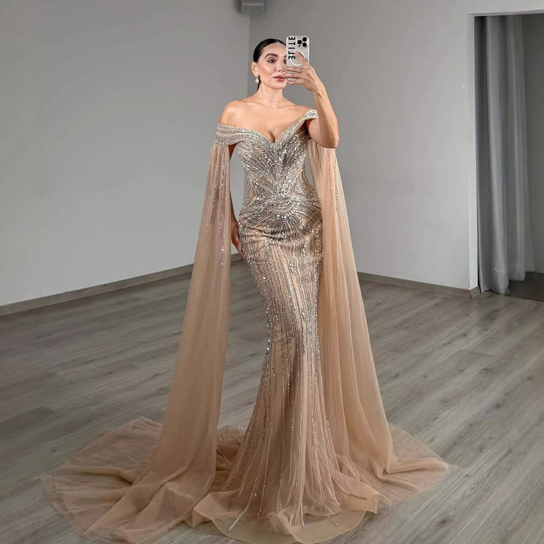 Luxury Blue Beaded Cape Sleeve Saudi Arabic Evening Dress LA73151 - SERENE  HILL