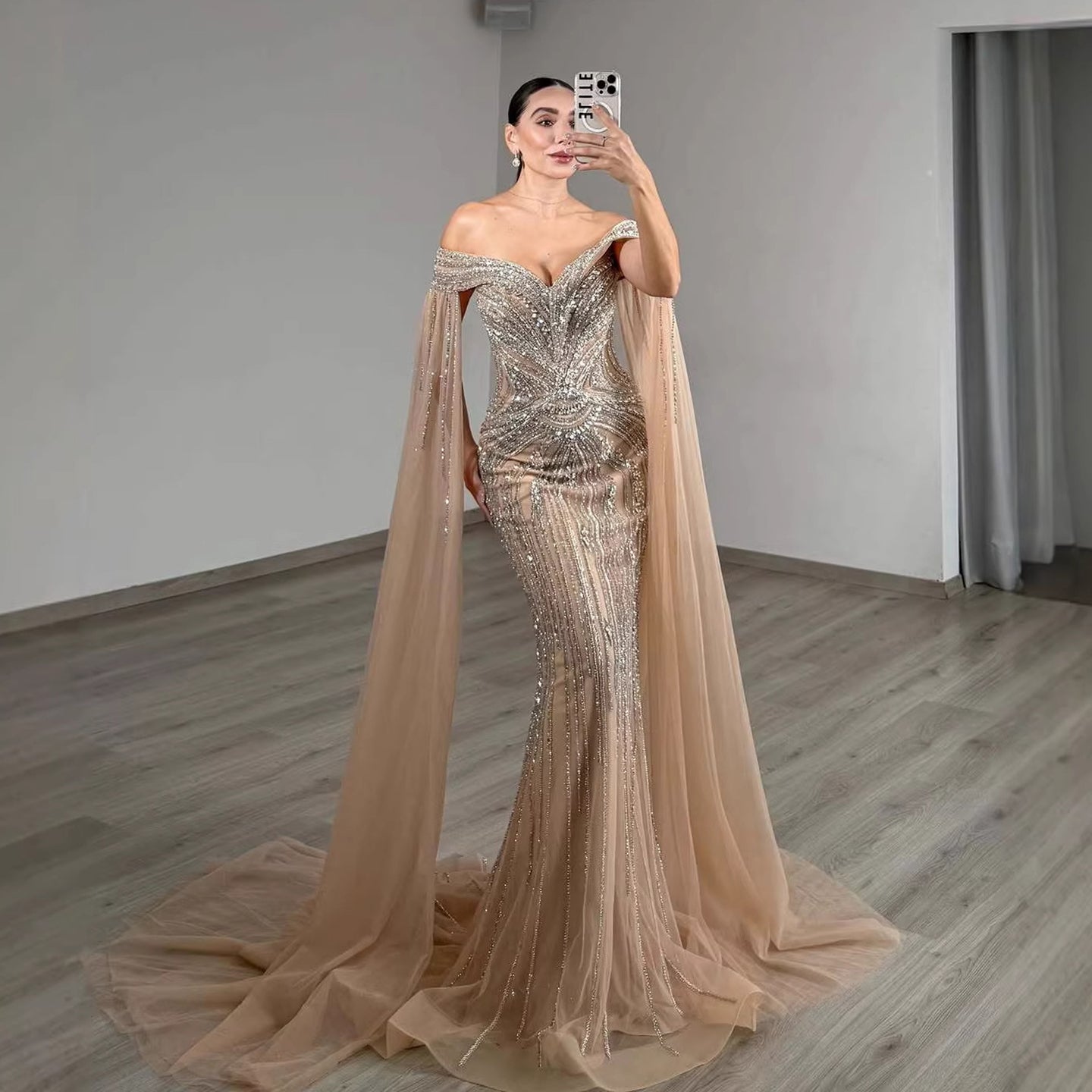 Luxury Blue Beaded Cape Sleeve Saudi Arabic Evening Dress LA73151 - SERENE  HILL