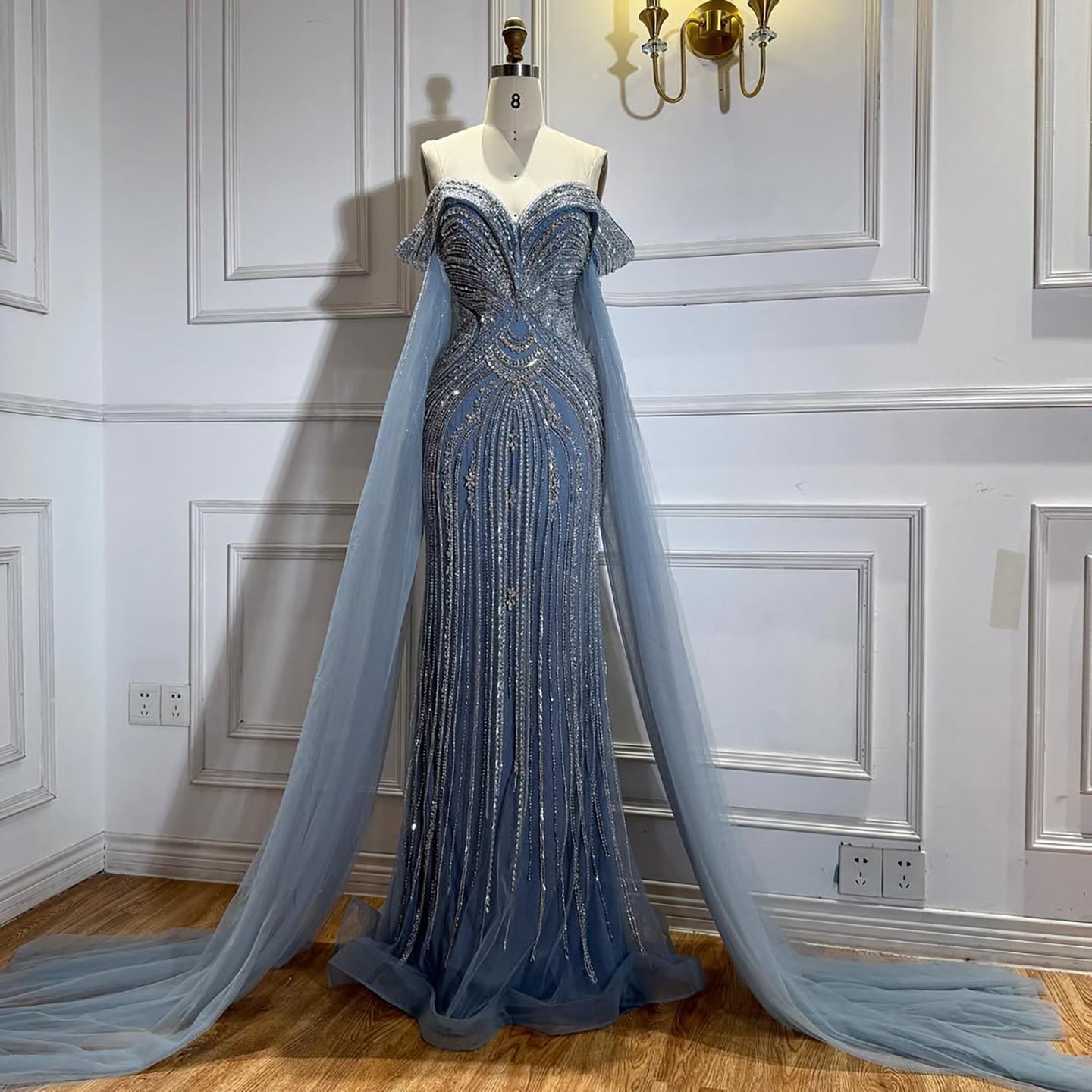 Luxury Blue Beaded Cape Sleeve Saudi Arabic Evening Dress LA73151 - SERENE  HILL