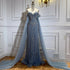 Luxury Blue Beaded Cape Sleeve Saudi Arabic Evening Dress LA73151 - SERENE  HILL