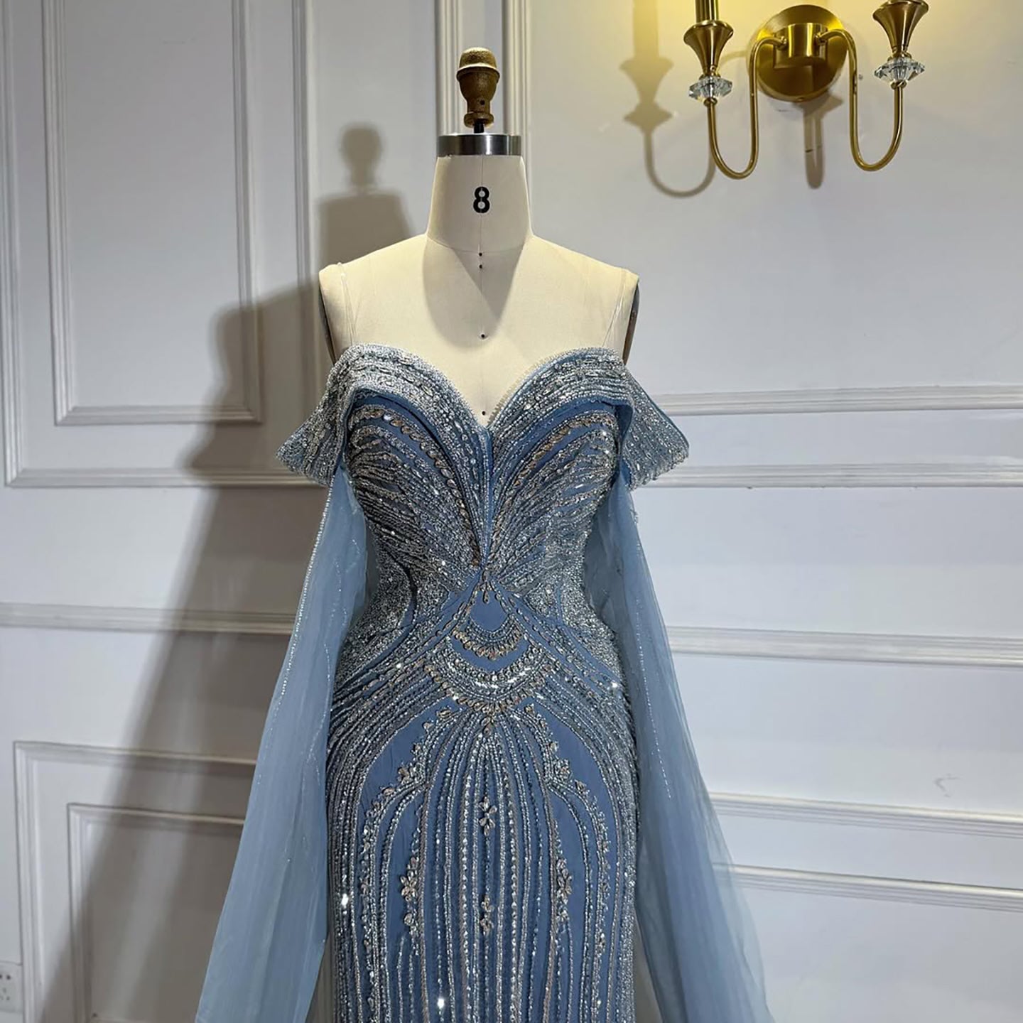 Luxury Blue Beaded Cape Sleeve Saudi Arabic Evening Dress LA73151 - SERENE  HILL