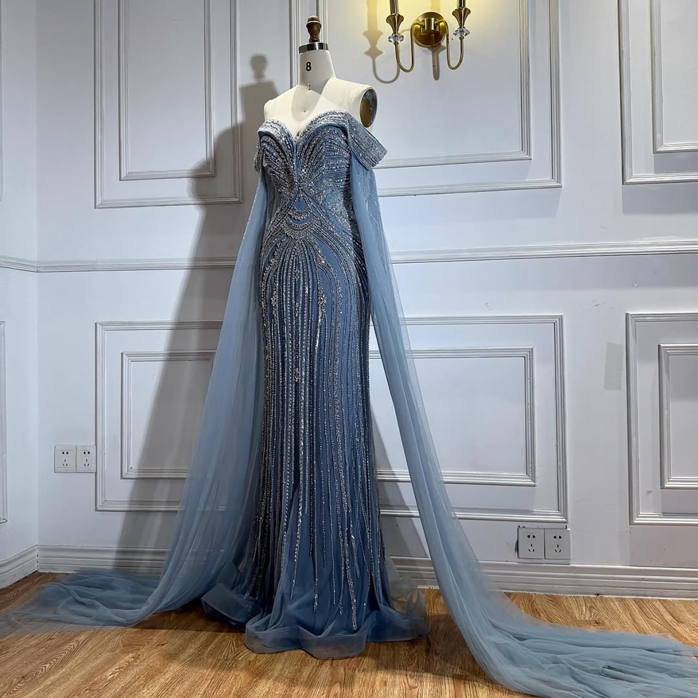 Luxury Blue Beaded Cape Sleeve Saudi Arabic Evening Dress LA73151 - SERENE  HILL