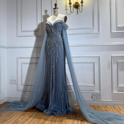 Luxury Blue Beaded Cape Sleeve Saudi Arabic Evening Dress LA73151 - SERENE  HILL