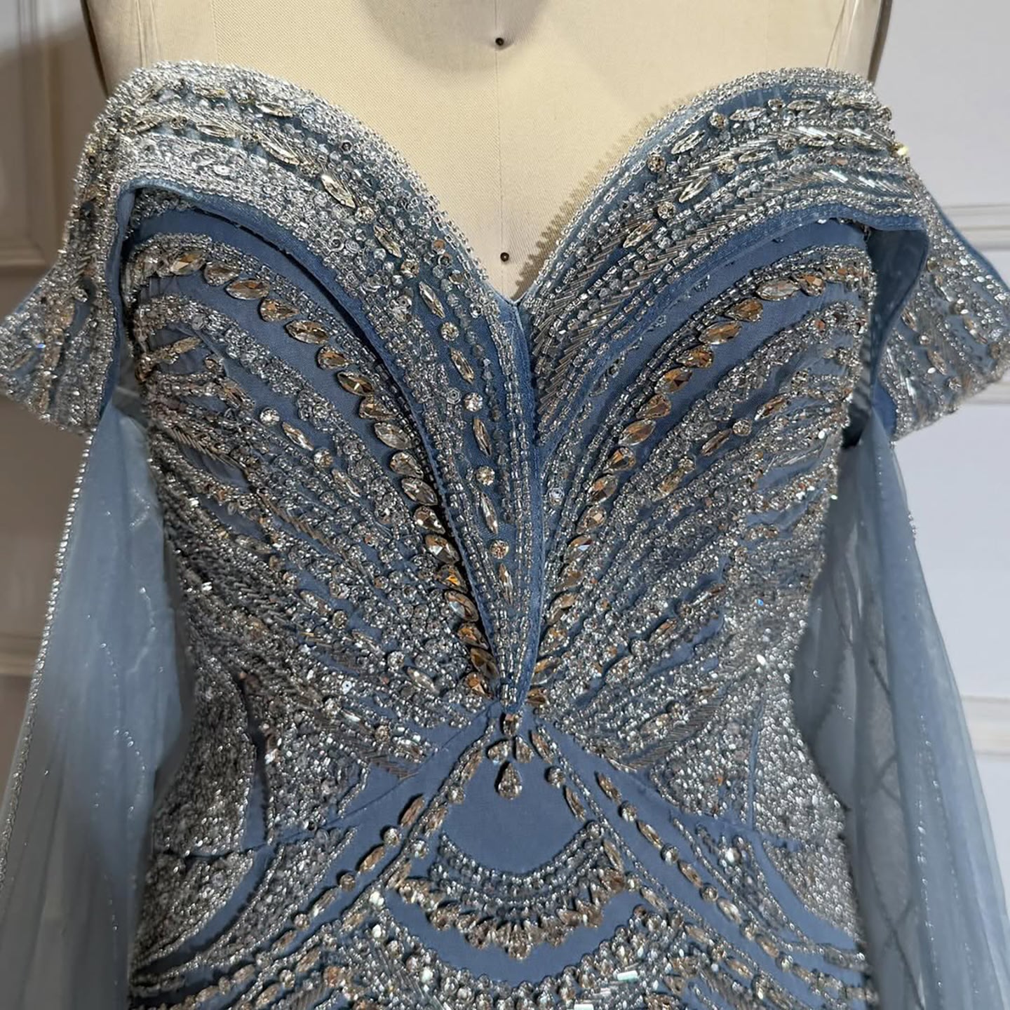 Luxury Blue Beaded Cape Sleeve Saudi Arabic Evening Dress LA73151 - SERENE  HILL