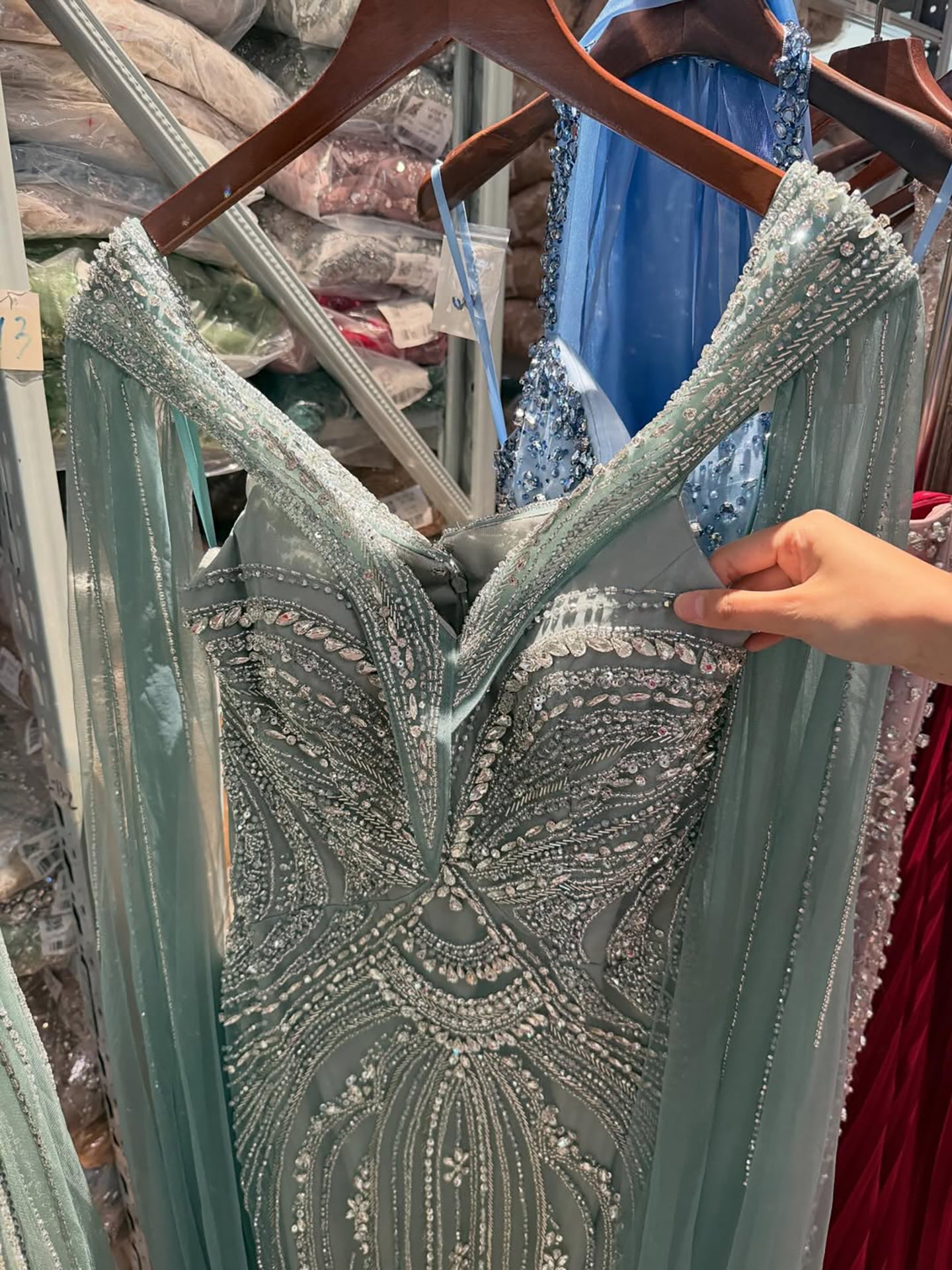 Luxury Blue Beaded Cape Sleeve Saudi Arabic Evening Dress LA73151