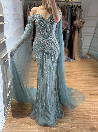 Luxury Blue Beaded Cape Sleeve Saudi Arabic Evening Dress LA73151