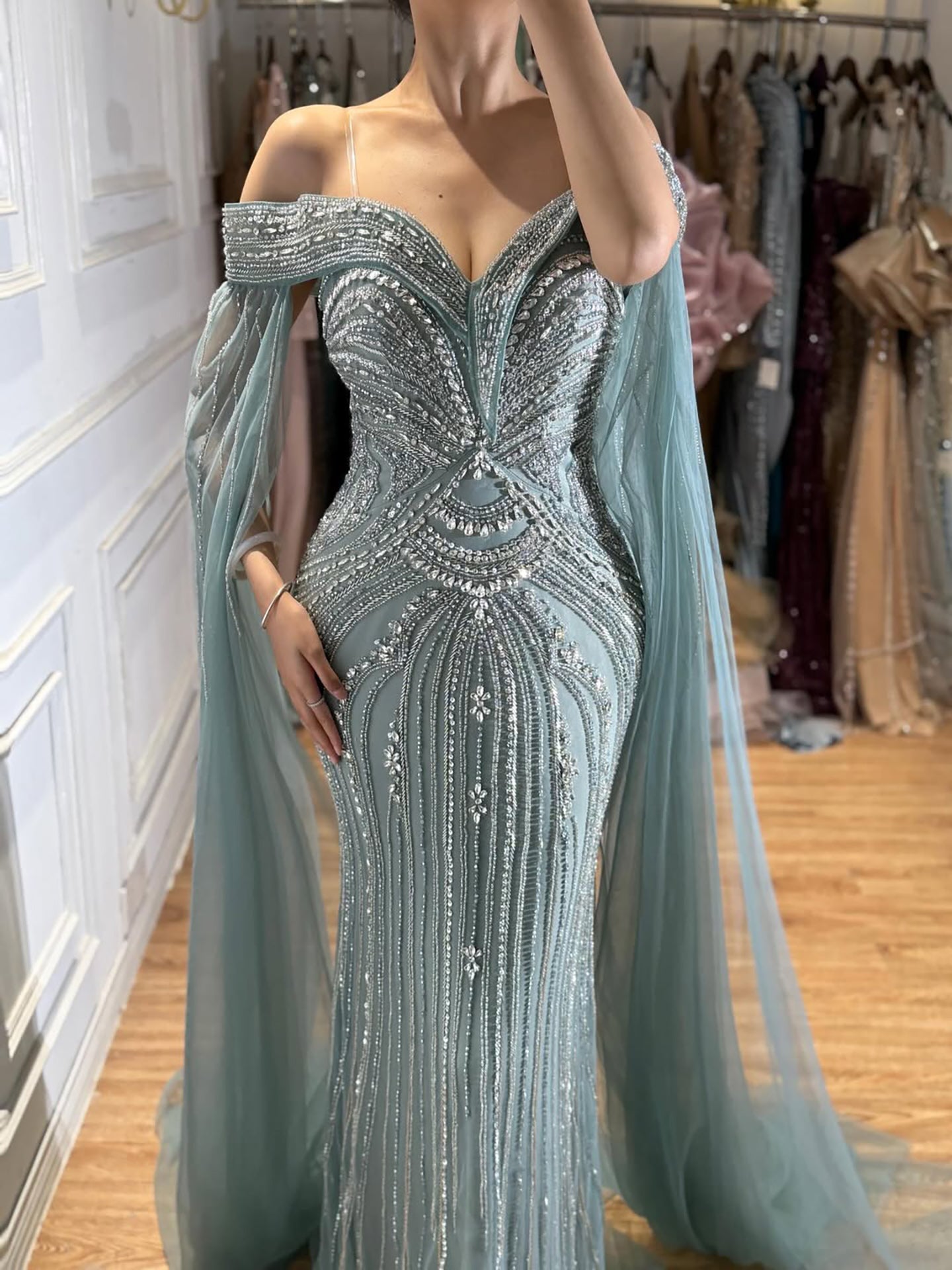 Luxury Blue Beaded Cape Sleeve Saudi Arabic Evening Dress LA73151