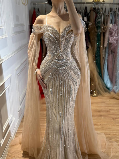 Luxury Blue Beaded Cape Sleeve Saudi Arabic Evening Dress LA73151