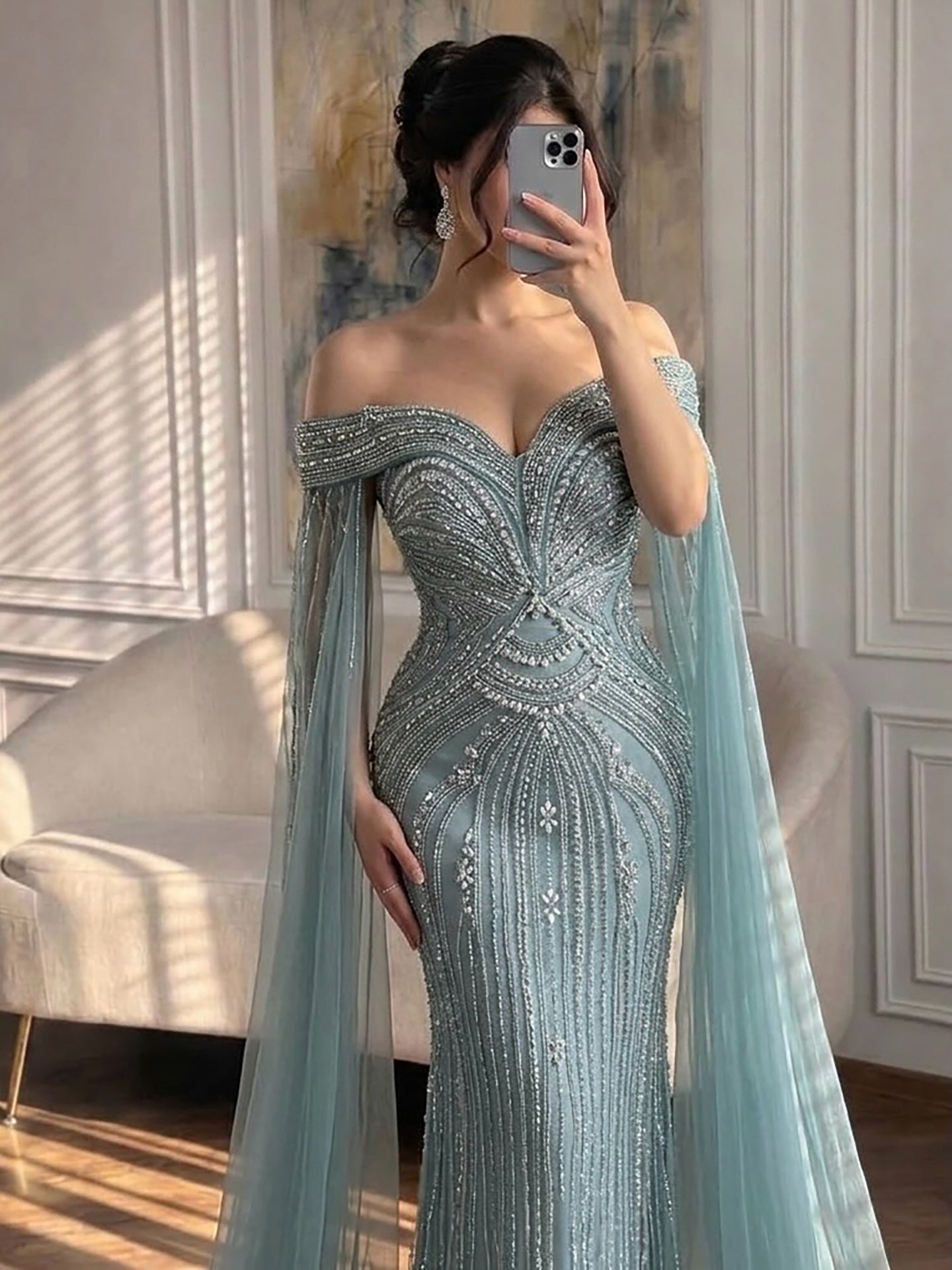 Luxury Blue Beaded Cape Sleeve Saudi Arabic Evening Dress LA73151