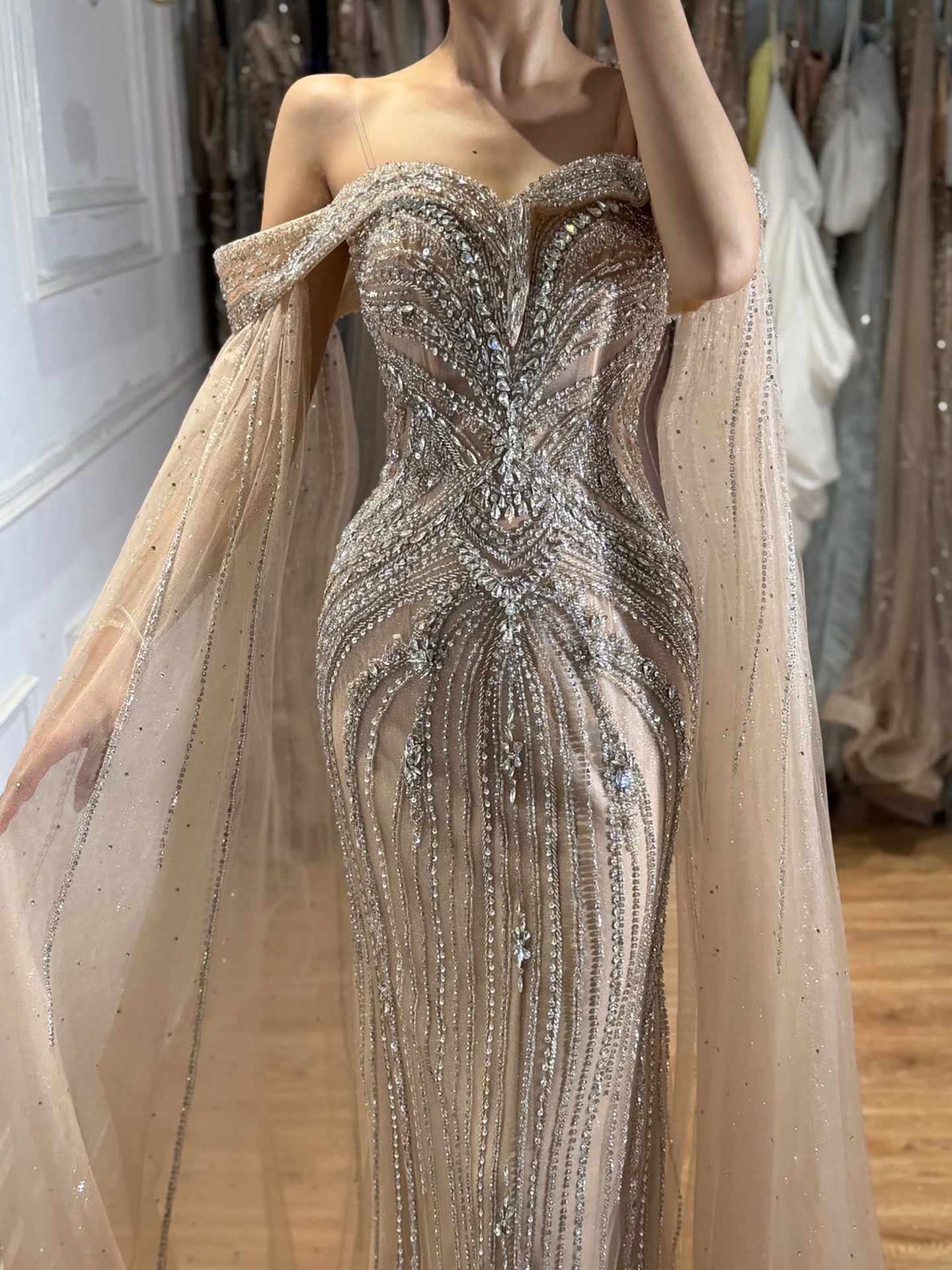 Luxury Pink Beaded Evening Dress with Cape Sleeves LA73151A SERENE HILL
