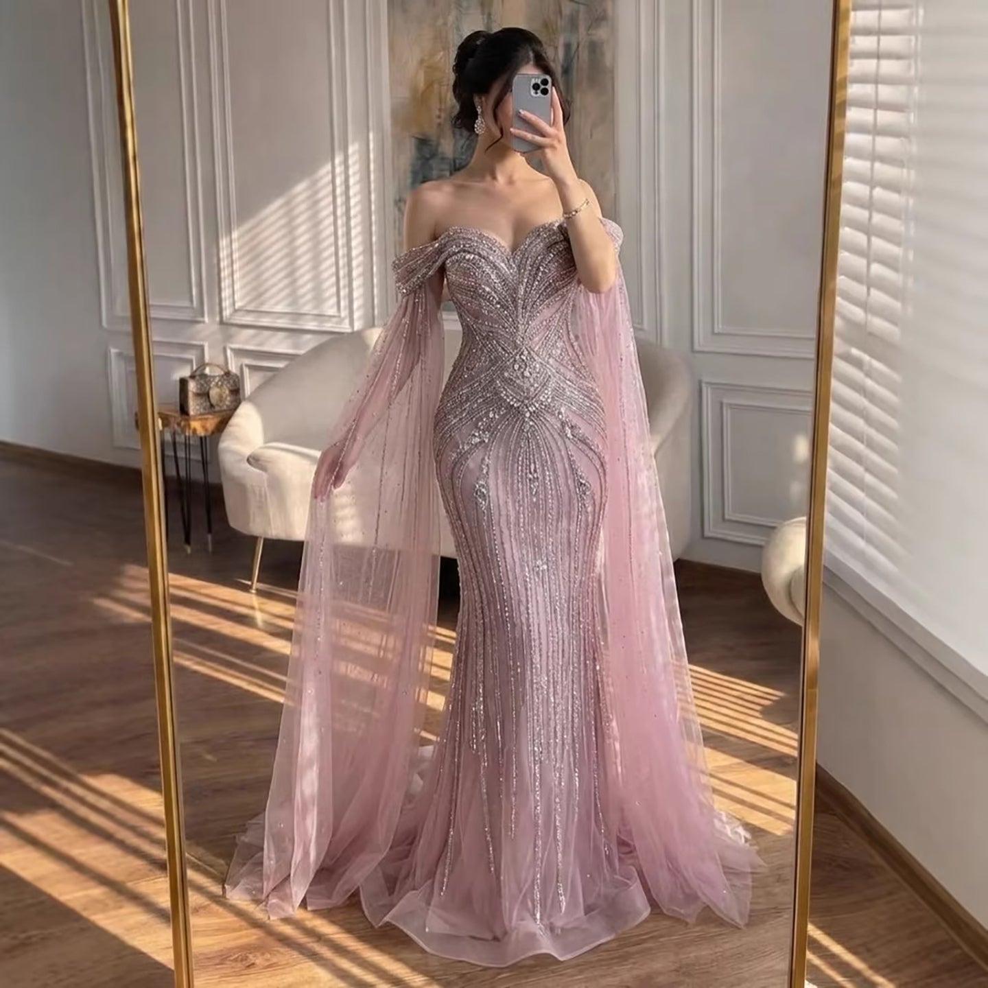 Luxury Pink Beaded Evening Dress with Cape Sleeves LA73151A