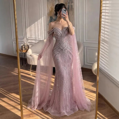 Luxury Pink Beaded Evening Dress with Cape Sleeves LA73151A