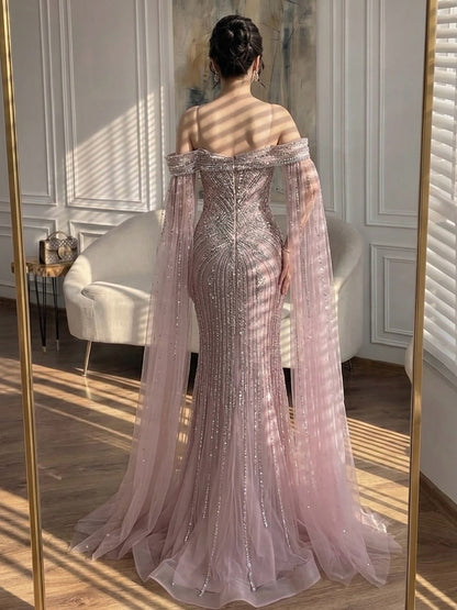 Luxury Pink Beaded Evening Dress with Cape Sleeves LA73151A